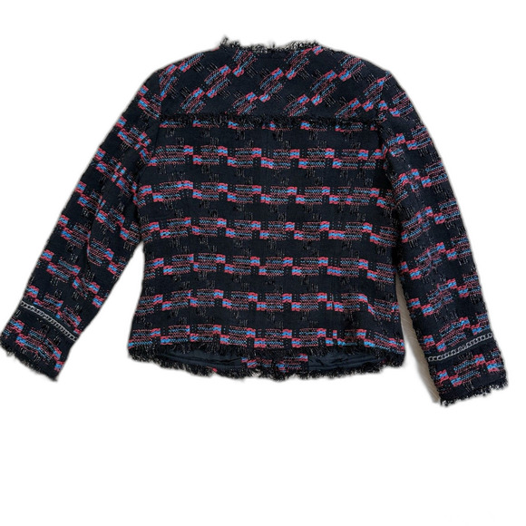 Trina Turk Womens Good Night Tweed Fringe Chain Jacket Black Red Blue Sz 10 - Picture 3 of 10